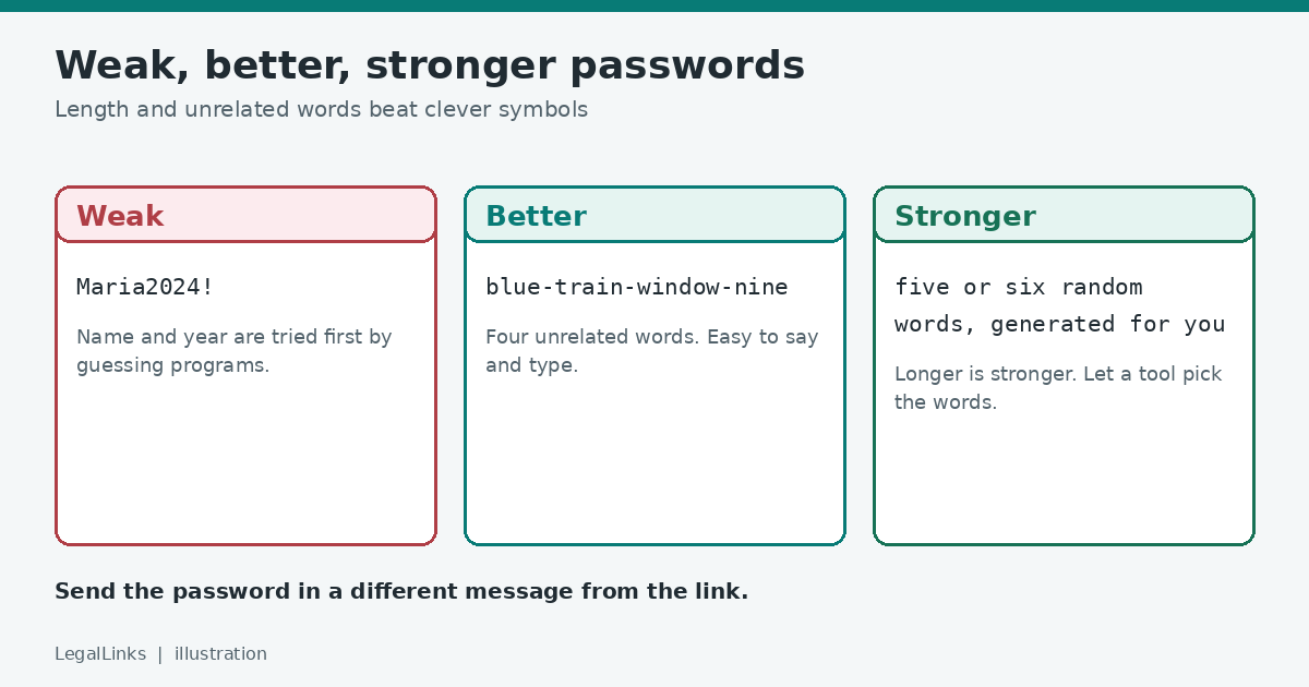 Comparison of a weak password, a better four-word passphrase and a stronger longer passphrase.